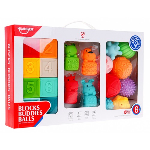 Mega sada 20 mäkkých guličiek kocky zvieratá pre deti 6m+ Senzorická hračka Rehabilitácia rúk