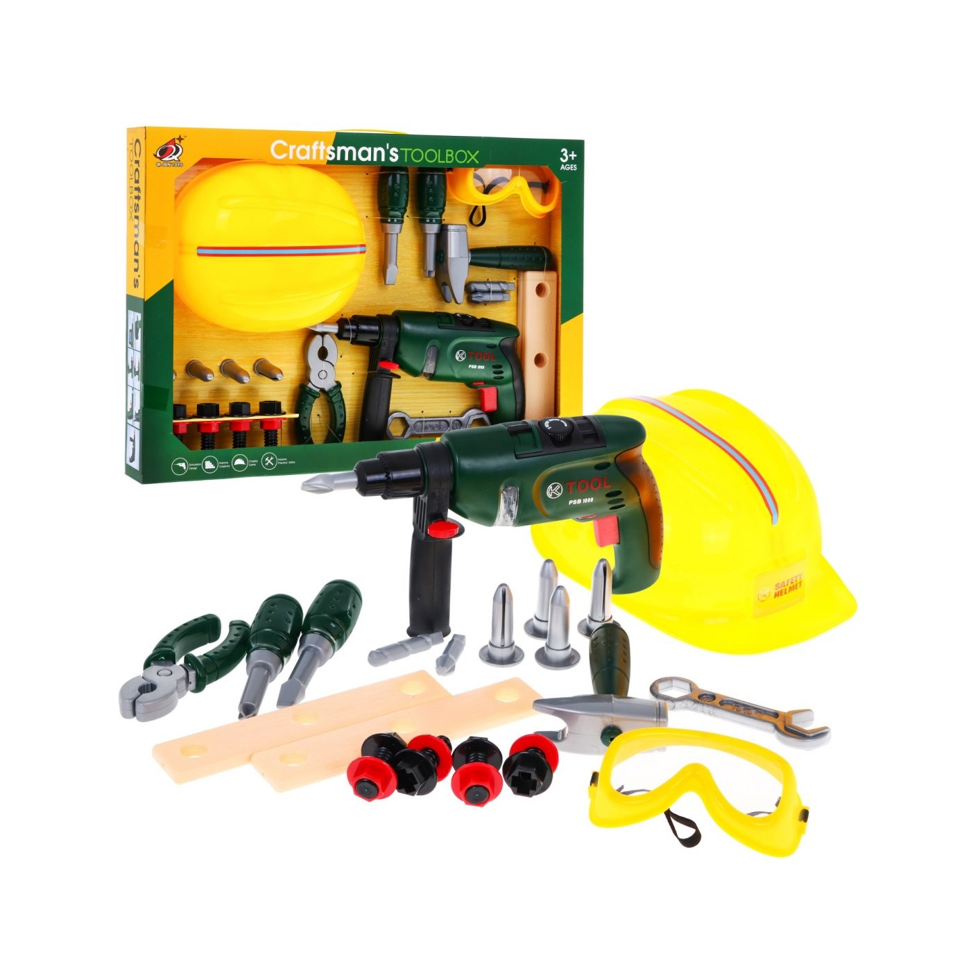 Sada malého stavebníka pre deti 3+ Elektrická skrutkovačka + Prilba a okuliare + Náradie