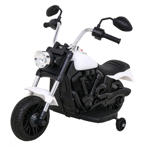 Motorka Chopper V-Max na batériu pre deti Biela + Melódie Klaxon + Svetlo + Pomocné kolesá