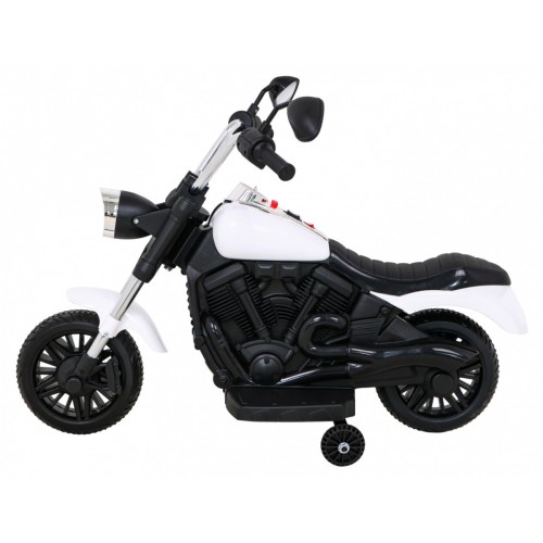 Motorka Chopper V-Max na batériu pre deti Biela + Melódie Klaxon + Svetlo + Pomocné kolesá