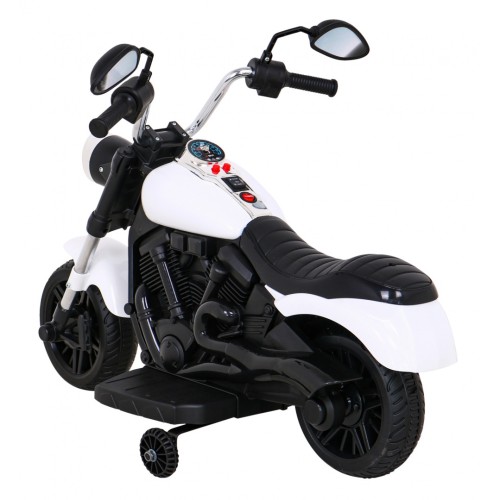 Motorka Chopper V-Max na batériu pre deti Biela + Melódie Klaxon + Svetlo + Pomocné kolesá