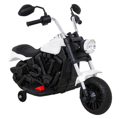 Motorka Chopper V-Max na batériu pre deti Biela + Melódie Klaxon + Svetlo + Pomocné kolesá