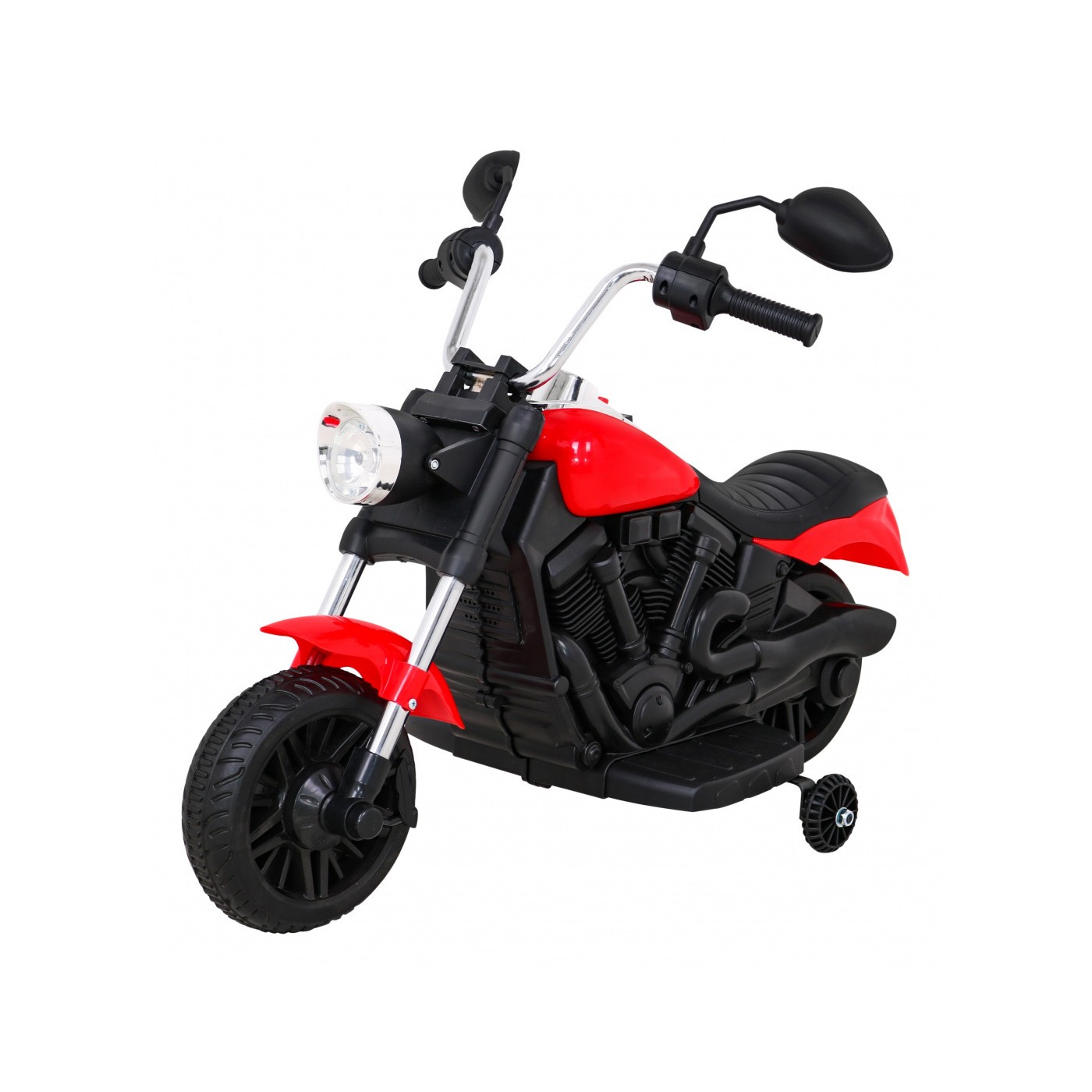 Motorka Chopper V-Max na batériu pre deti Červená + Melódie Klaxon + Svetlo + Pomocné kolesá