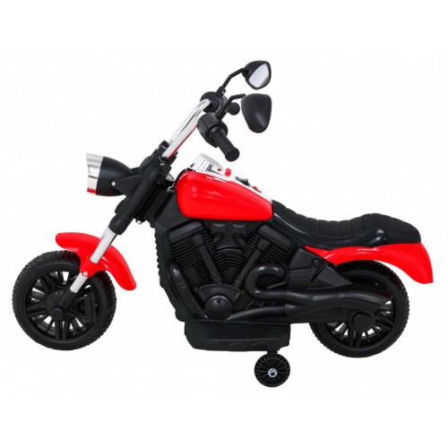 Motorka Chopper V-Max na batériu pre deti Červená + Melódie Klaxon + Svetlo + Pomocné kolesá