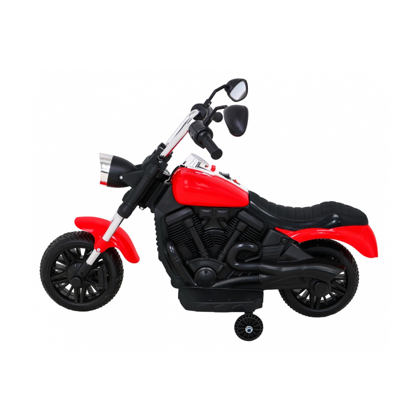 Motorka Chopper V-Max na batériu pre deti Červená + Melódie Klaxon + Svetlo + Pomocné kolesá
