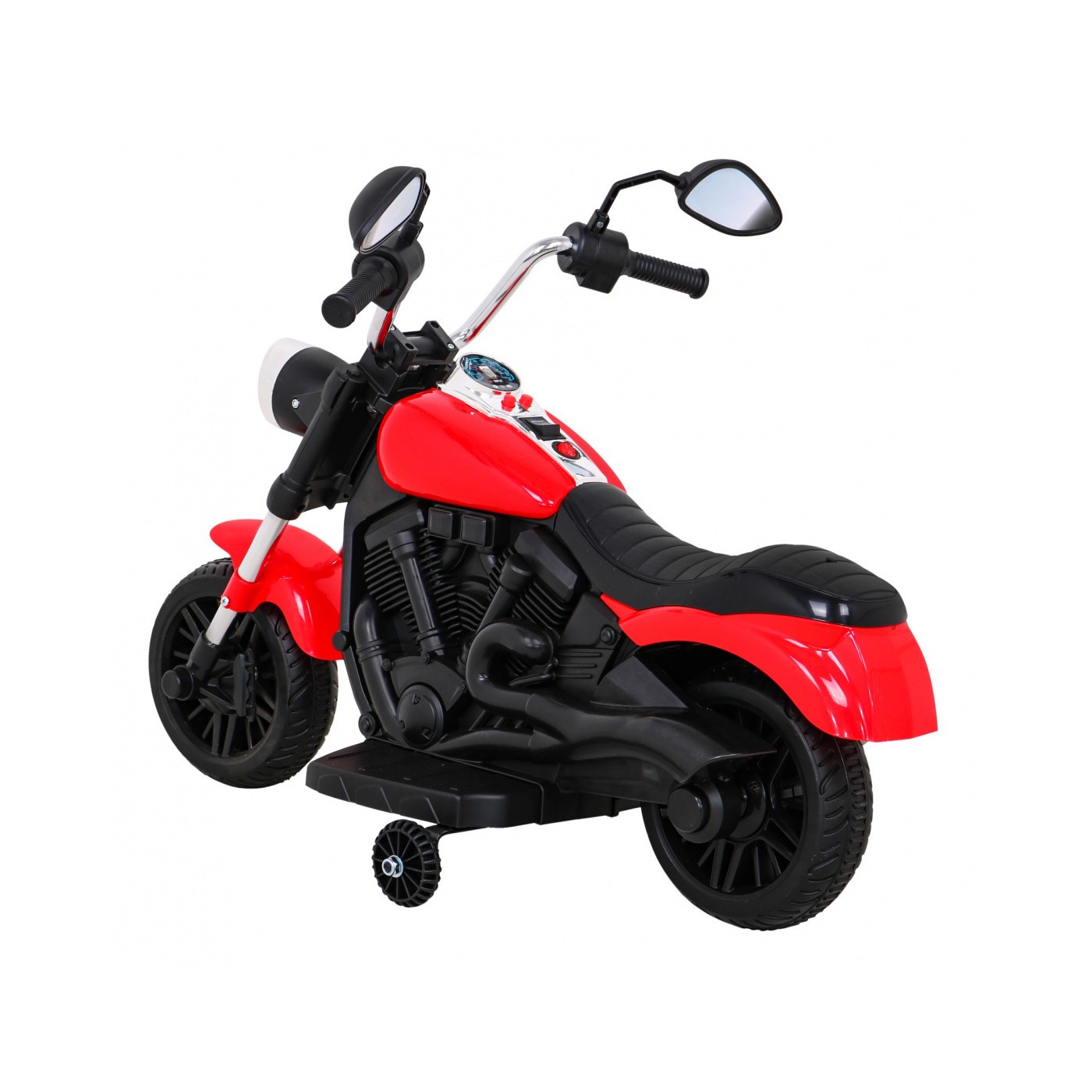Motorka Chopper V-Max na batériu pre deti Červená + Melódie Klaxon + Svetlo + Pomocné kolesá