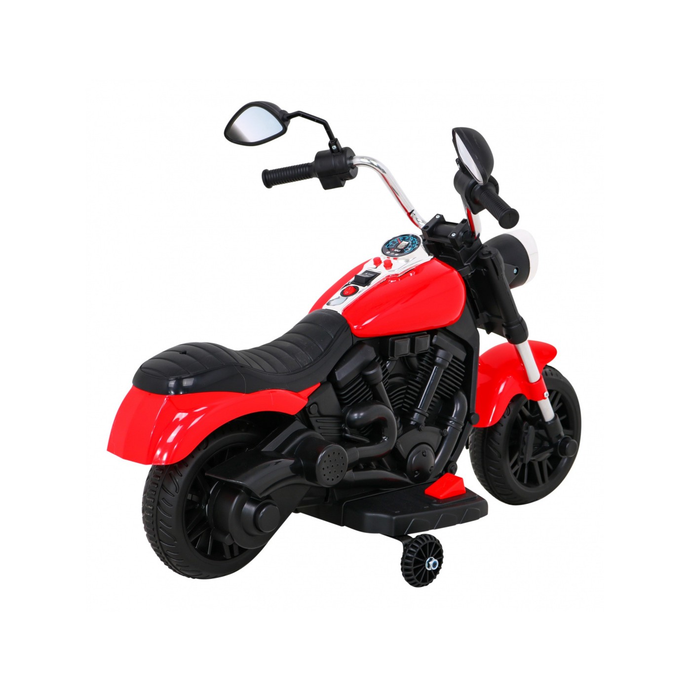 Motorka Chopper V-Max na batériu pre deti Červená + Melódie Klaxon + Svetlo + Pomocné kolesá