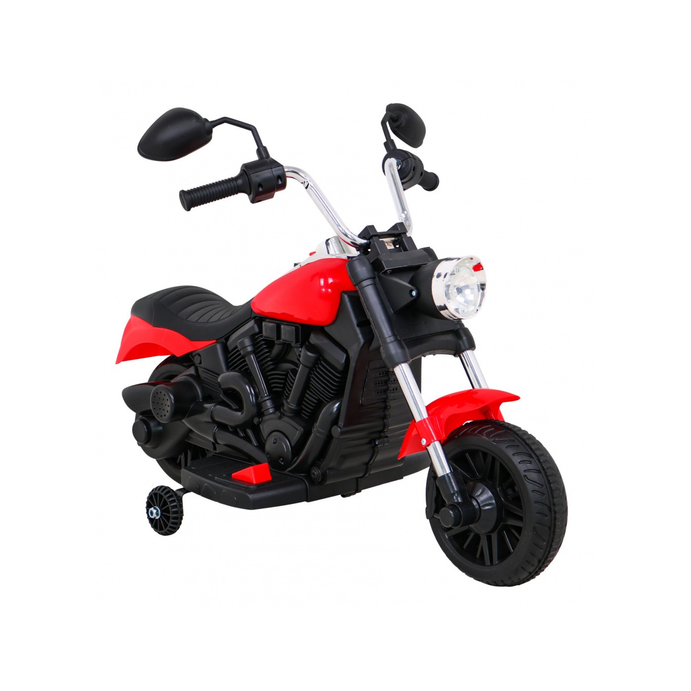 Motorka Chopper V-Max na batériu pre deti Červená + Melódie Klaxon + Svetlo + Pomocné kolesá