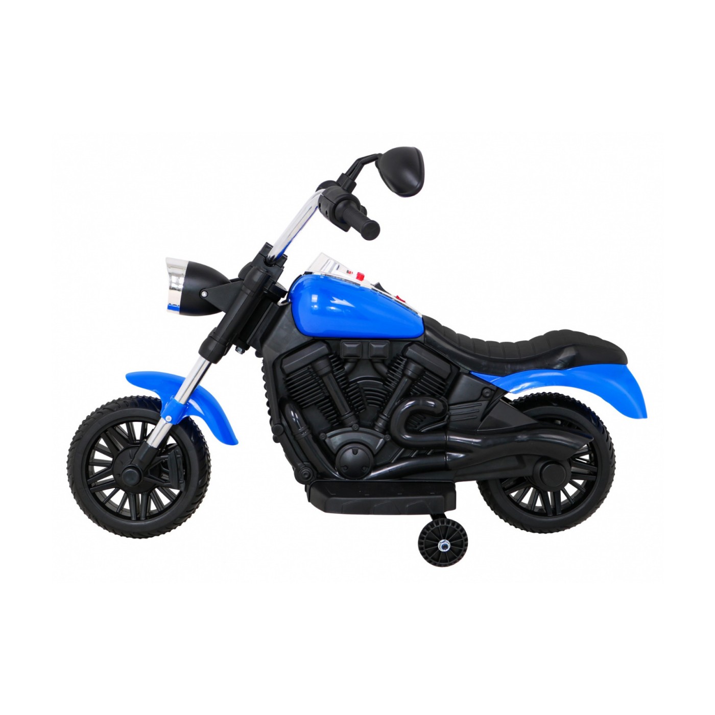 Motorka Chopper V-Max na batériu pre deti Modrý + Melódie Klaxon + Svetlo + Pomocné kolesá