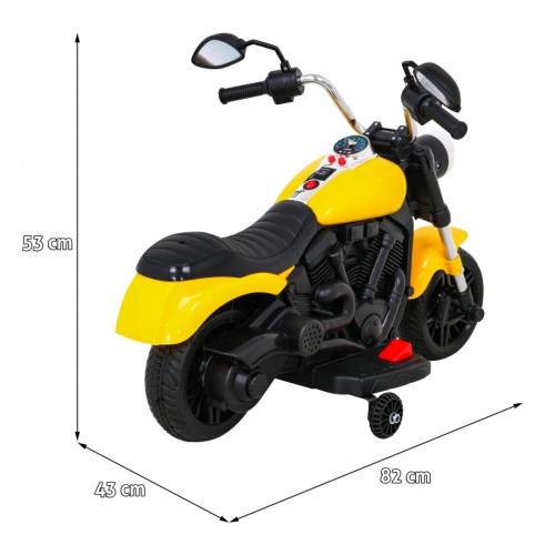 Motorka Chopper V-Max na batériu pre deti Žltý + Melódie Klaxon + Svetlo + Pomocné kolesá