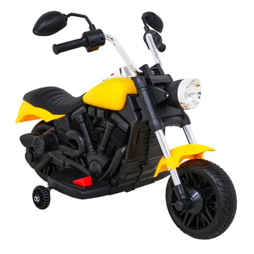 Motorka Chopper V-Max na batériu pre deti Žltý + Melódie Klaxon + Svetlo + Pomocné kolesá