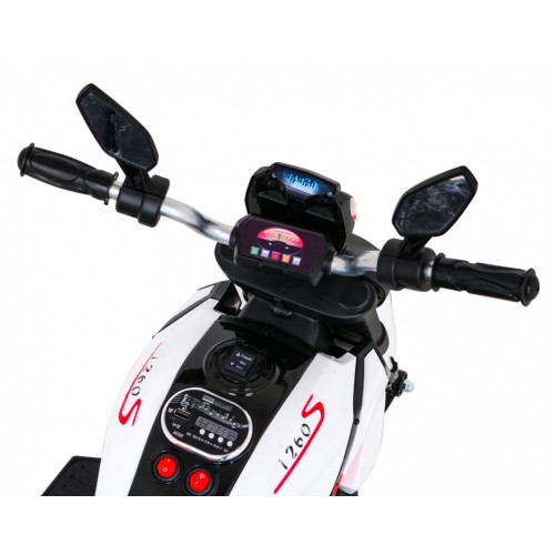 Motorka Fast Tourist na batériu pre deti Biely + Audio + Svetlá + Ekokoža