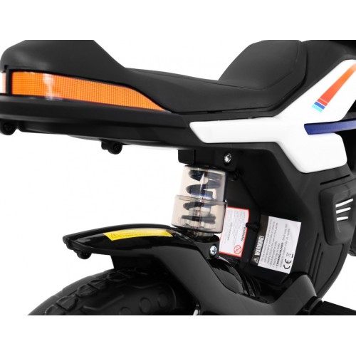 Motorka Night Rider na batériu pre deti Biely + Pomocné kolesá + MP3 USB + Plyn v rukoväti