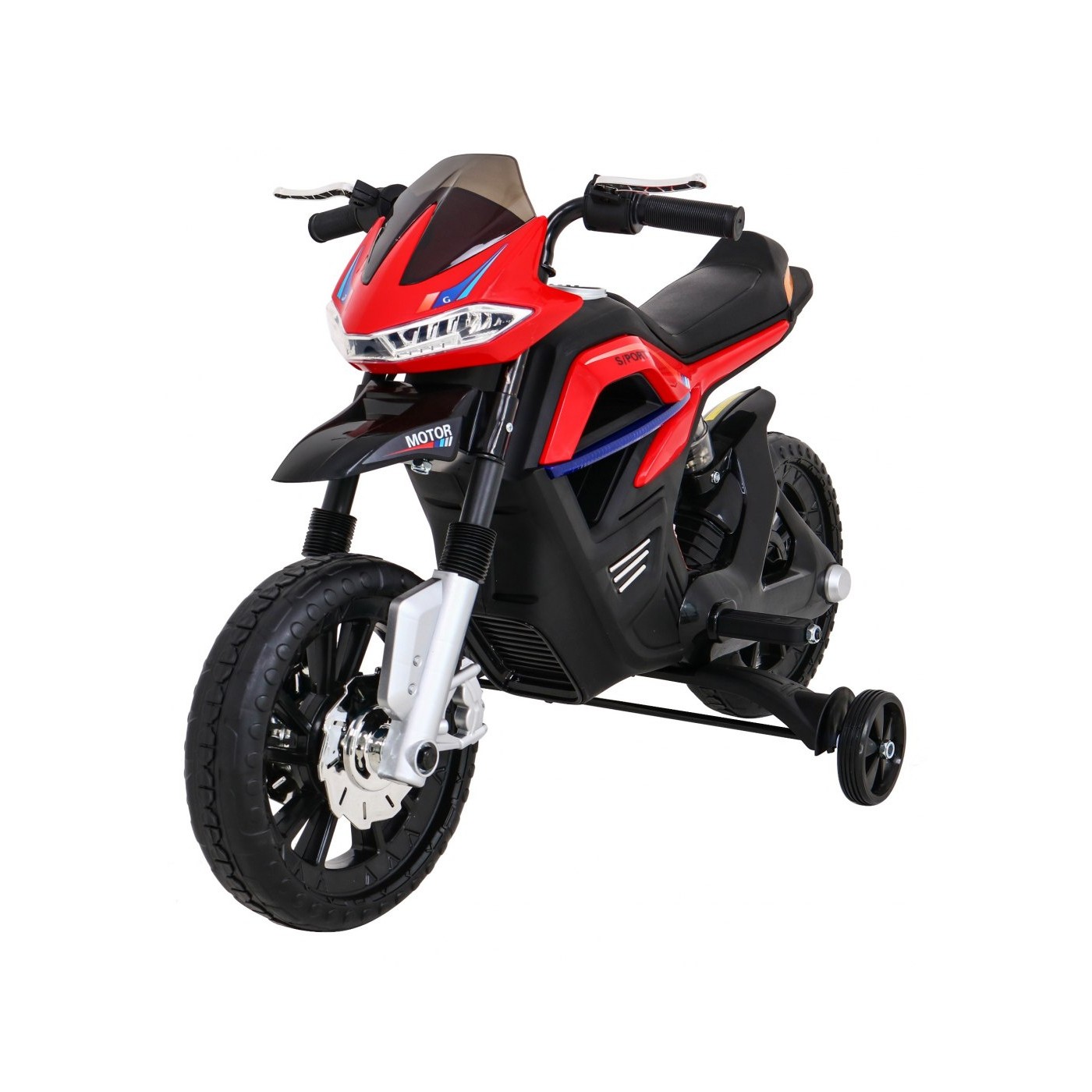 Motorka Night Rider na batériu pre deti Červený + Pomocné kolesá + MP3 USB + Plyn v rukoväti