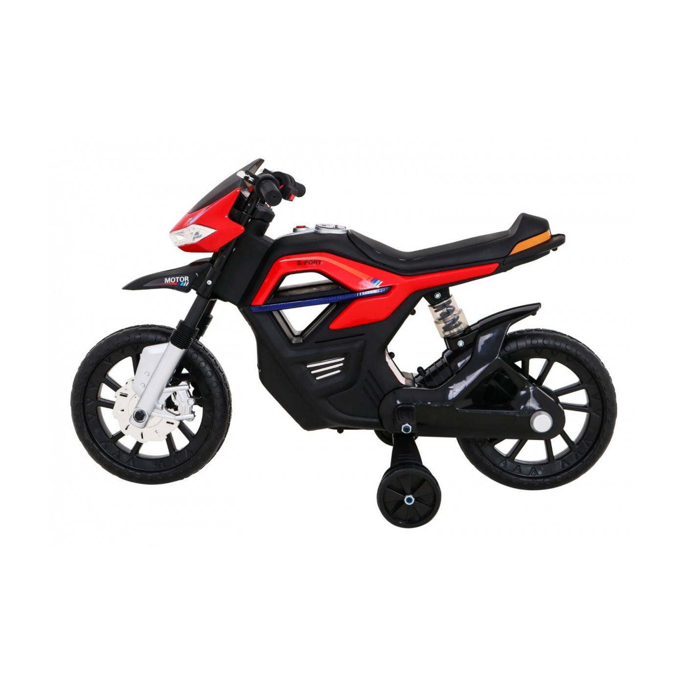 Motorka Night Rider na batériu pre deti Červený + Pomocné kolesá + MP3 USB + Plyn v rukoväti