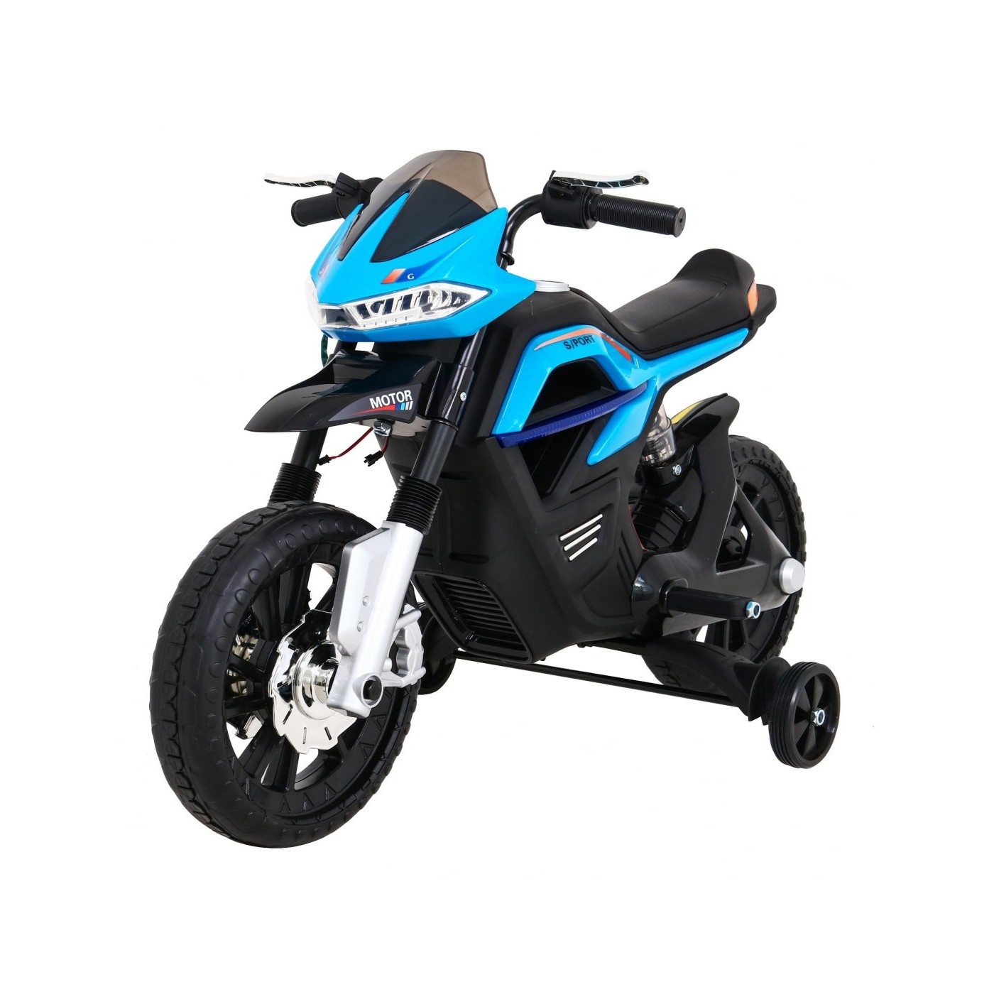 Motorka Night Rider na batériu pre deti Modrý + Pomocné kolesá + MP3 USB + Plyn v rukoväti