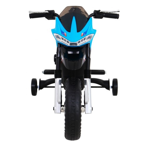 Motorka Night Rider na batériu pre deti Modrý + Pomocné kolesá + MP3 USB + Plyn v rukoväti