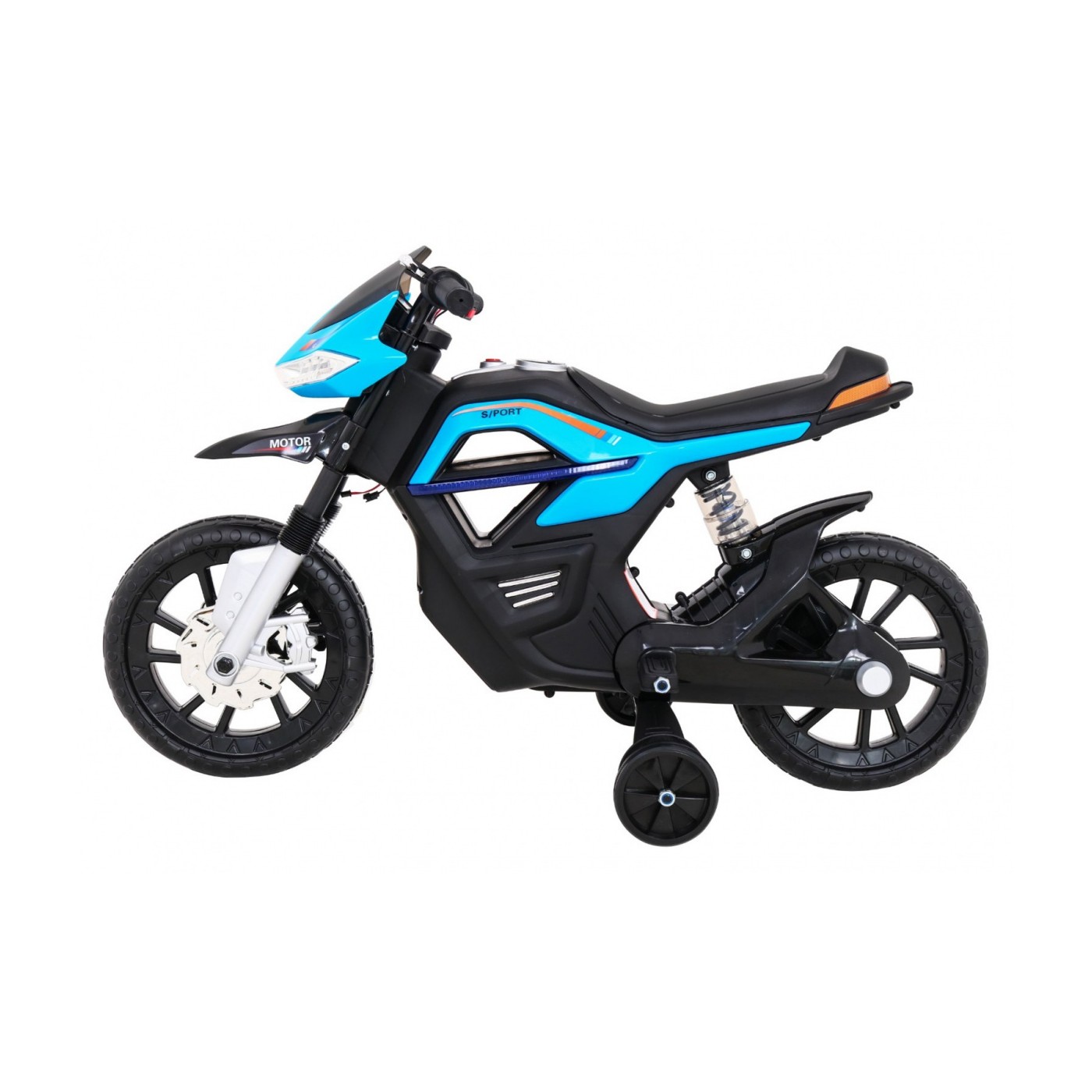Motorka Night Rider na batériu pre deti Modrý + Pomocné kolesá + MP3 USB + Plyn v rukoväti