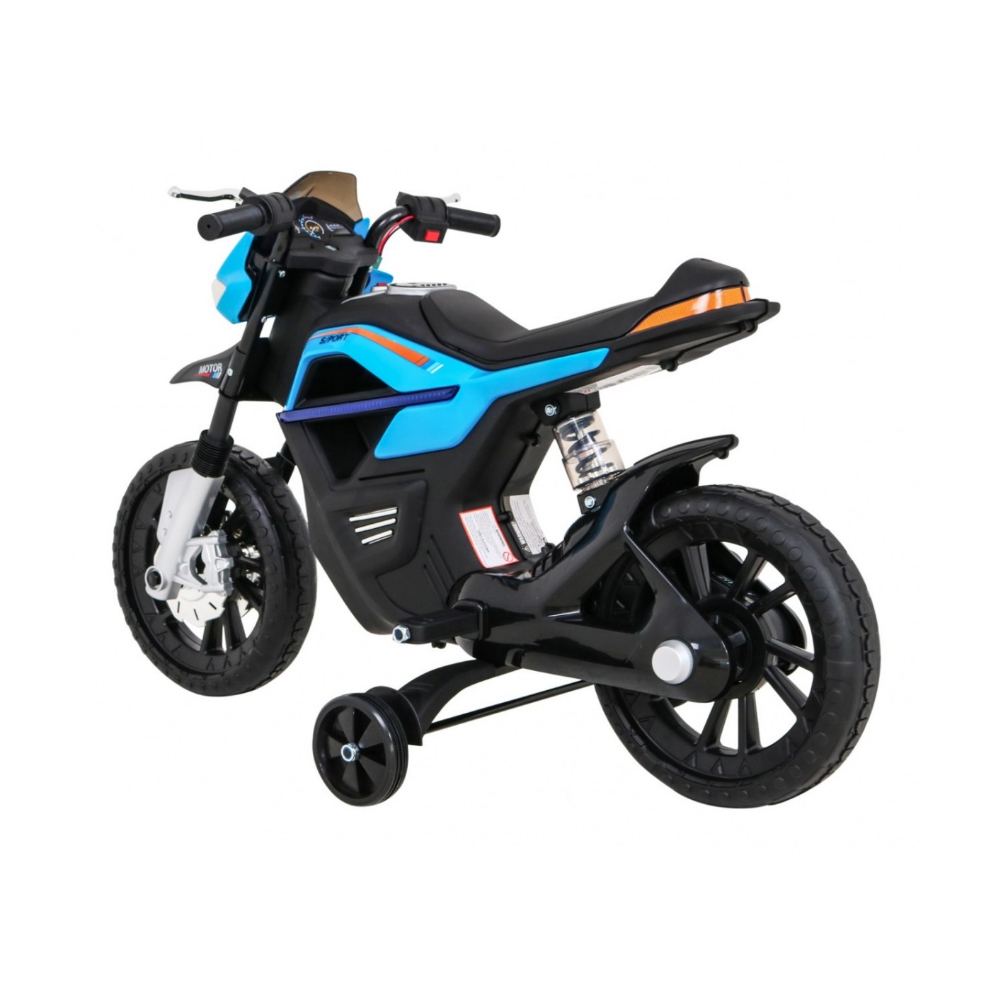 Motorka Night Rider na batériu pre deti Modrý + Pomocné kolesá + MP3 USB + Plyn v rukoväti