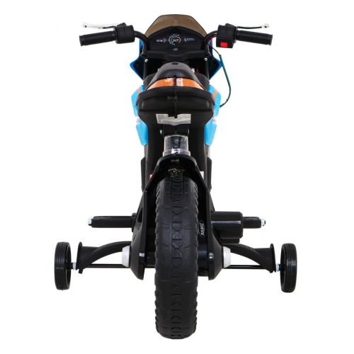 Motorka Night Rider na batériu pre deti Modrý + Pomocné kolesá + MP3 USB + Plyn v rukoväti
