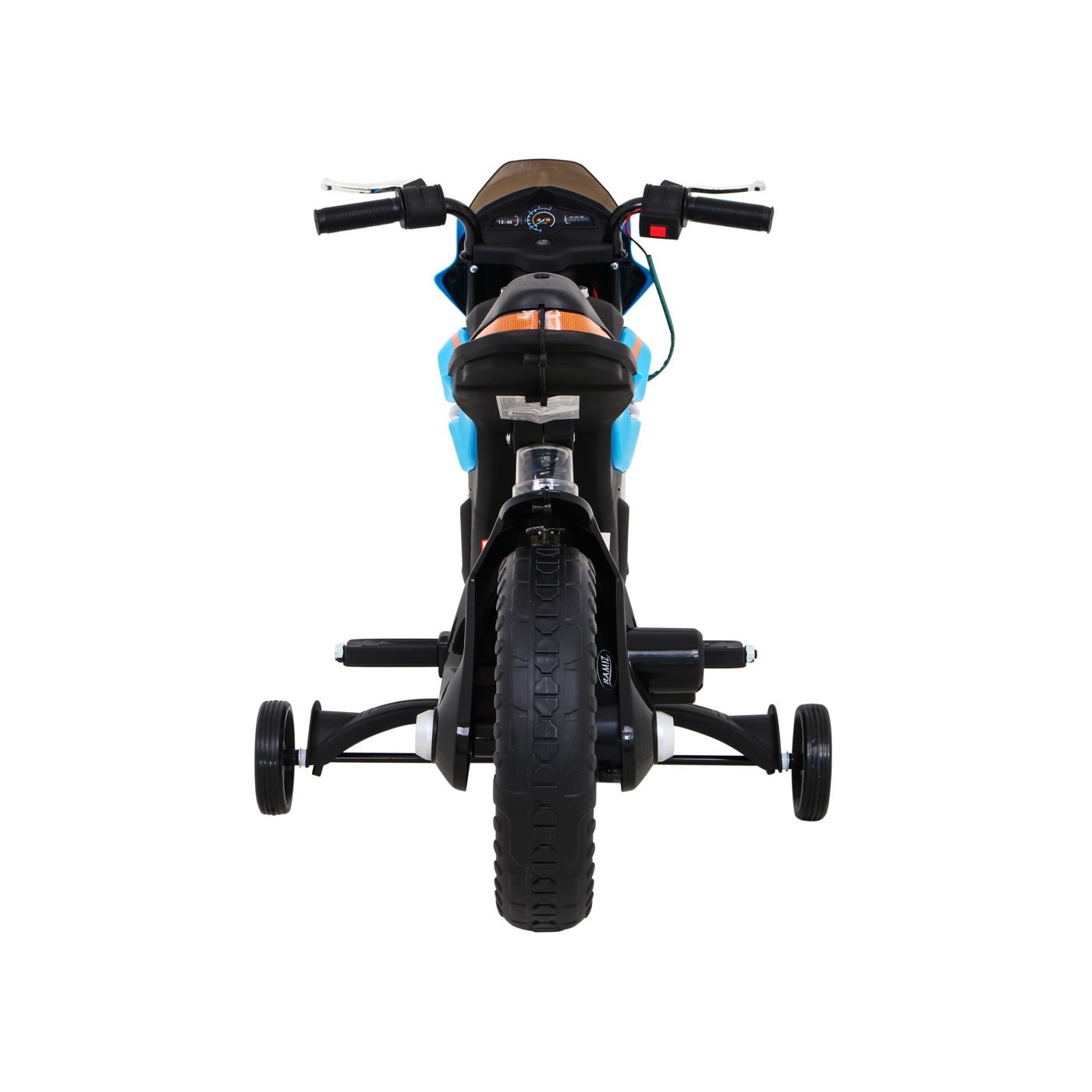 Motorka Night Rider na batériu pre deti Modrý + Pomocné kolesá + MP3 USB + Plyn v rukoväti