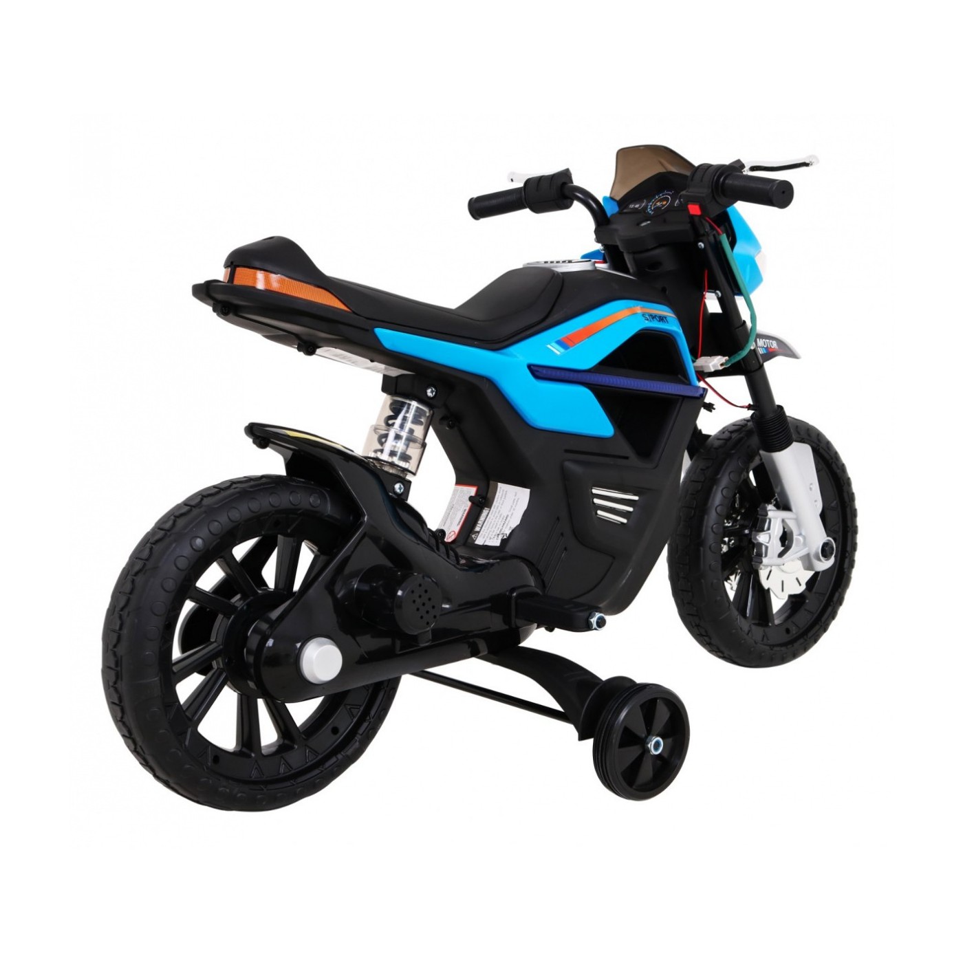 Motorka Night Rider na batériu pre deti Modrý + Pomocné kolesá + MP3 USB + Plyn v rukoväti