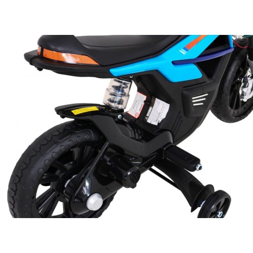 Motorka Night Rider na batériu pre deti Modrý + Pomocné kolesá + MP3 USB + Plyn v rukoväti