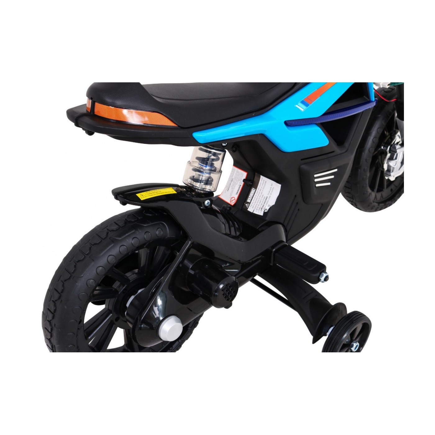 Motorka Night Rider na batériu pre deti Modrý + Pomocné kolesá + MP3 USB + Plyn v rukoväti