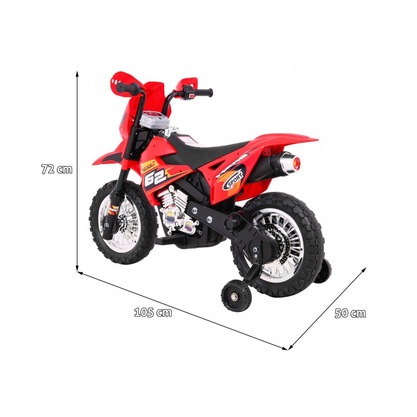 Motorka Cross pre deti Vozidlo na batériu Červený + Pomocné kolesá + Zvuky LED