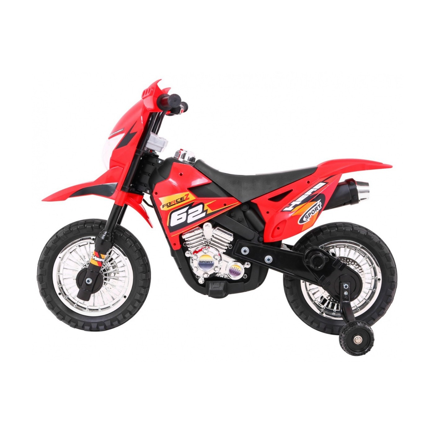 Motorka Cross pre deti Vozidlo na batériu Červený + Pomocné kolesá + Zvuky LED