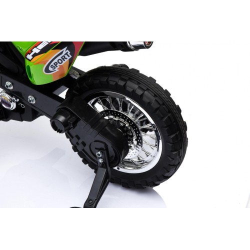 Motorka Cross pre deti Vozidlo na batériu Zelený + Pomocné kolesá + Zvuky LED