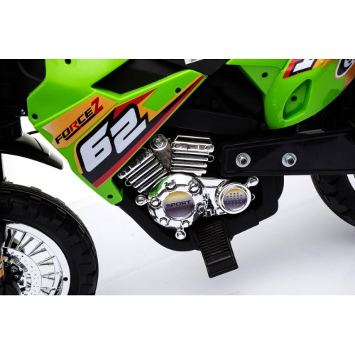 Motorka Cross pre deti Vozidlo na batériu Zelený + Pomocné kolesá + Zvuky LED