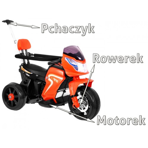 Motorka elektrická Bicykel Penová rukoväť na tlačenie 3v1 pre deti Oranžová + Audio LED