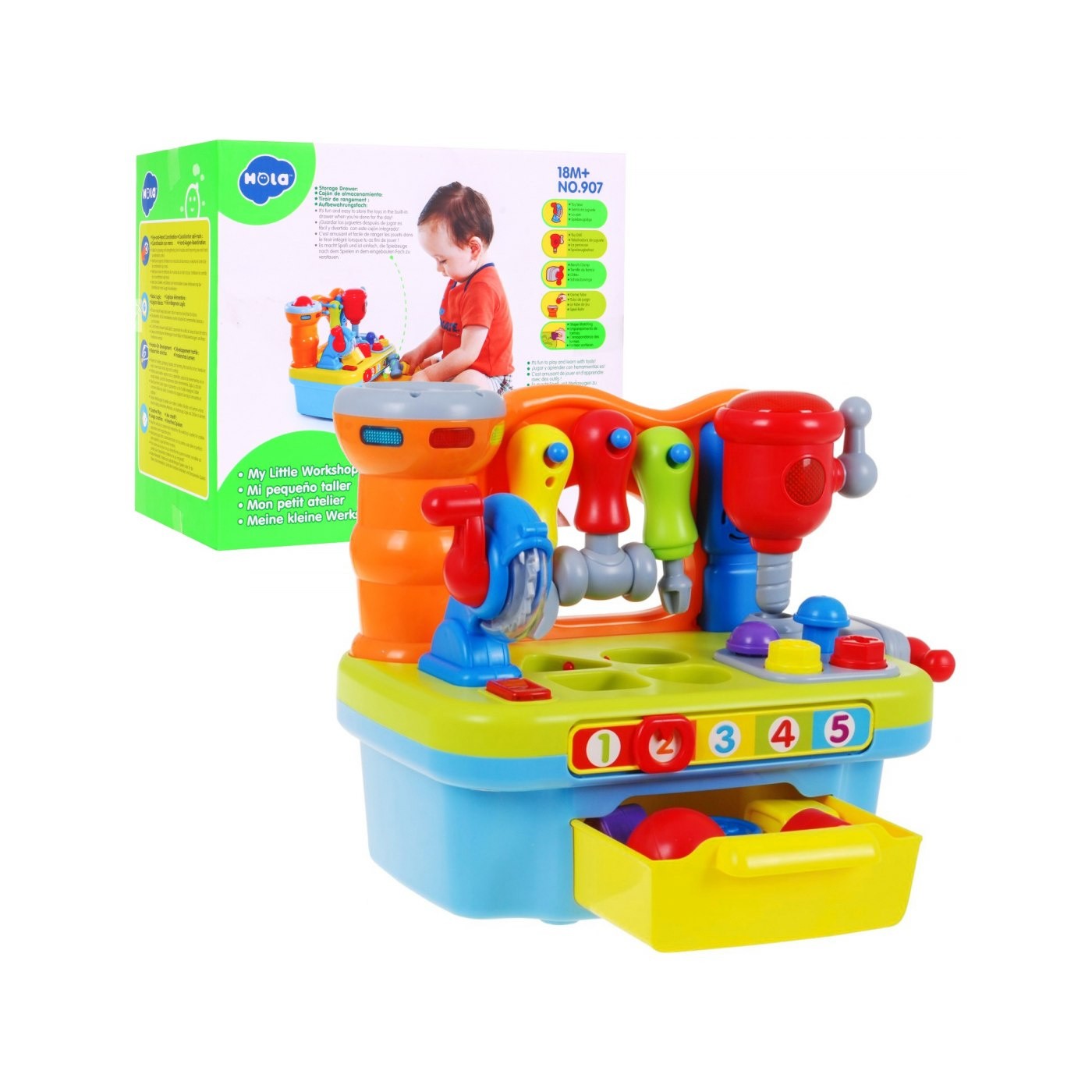 Viacfunkčná Senzorická dielňa pre deti 18m+ Hrkálka + Triedič tvarov + Zvuky Svetlá