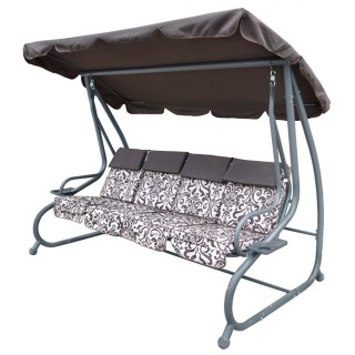 Veľká Záhradná hojdačka 4-os. Hnedá + Textil + Strecha + Nastaviteľné sedadlo + 4 Vankúše