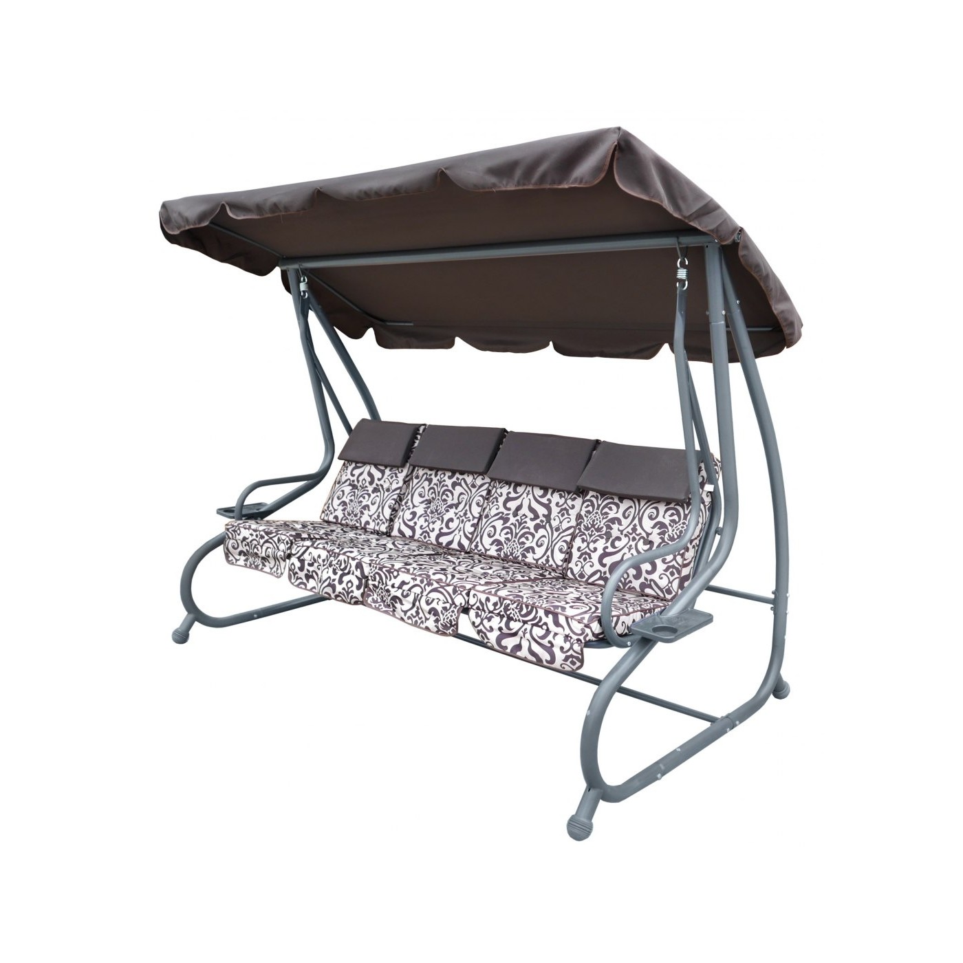 Veľká Záhradná hojdačka 4-os. Hnedá + Textil + Strecha + Nastaviteľné sedadlo + 4 Vankúše