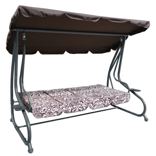 Veľká Záhradná hojdačka 4-os. Hnedá + Textil + Strecha + Nastaviteľné sedadlo + 4 Vankúše