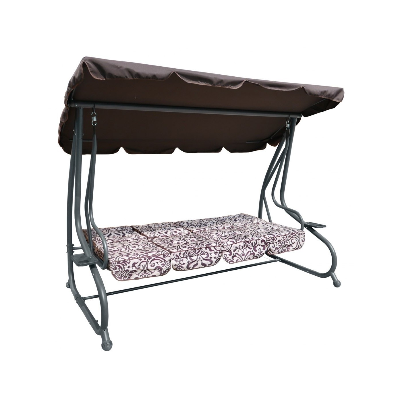 Veľká Záhradná hojdačka 4-os. Hnedá + Textil + Strecha + Nastaviteľné sedadlo + 4 Vankúše