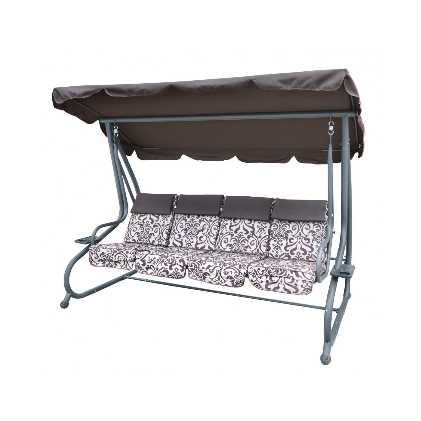 Veľká Záhradná hojdačka 4-os. Hnedá + Textil + Strecha + Nastaviteľné sedadlo + 4 Vankúše