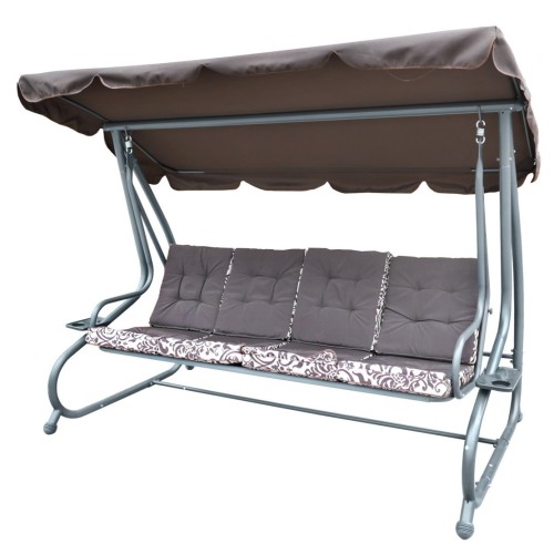 Veľká Záhradná hojdačka 4-os. Hnedá + Textil + Strecha + Nastaviteľné sedadlo + 4 Vankúše