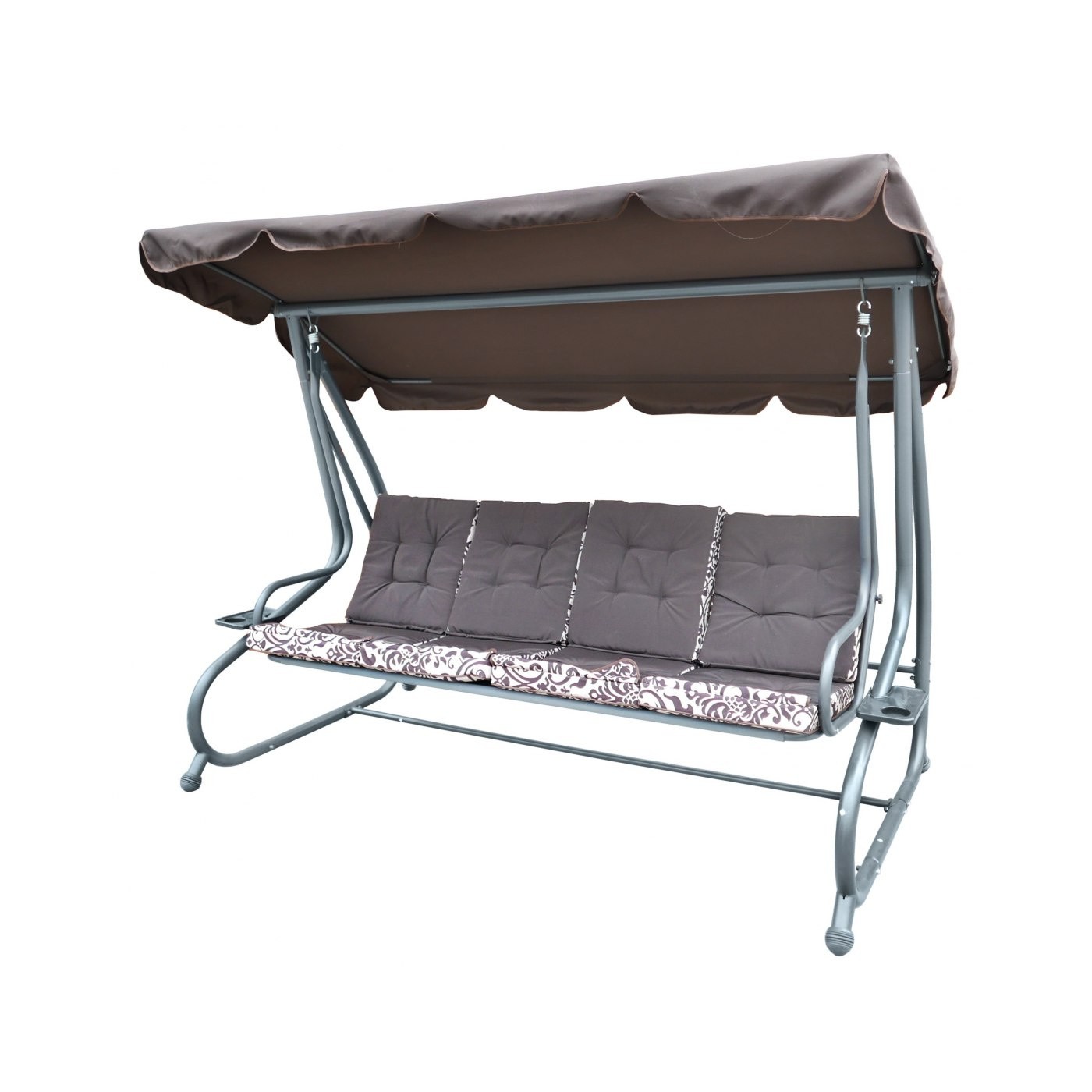 Veľká Záhradná hojdačka 4-os. Hnedá + Textil + Strecha + Nastaviteľné sedadlo + 4 Vankúše