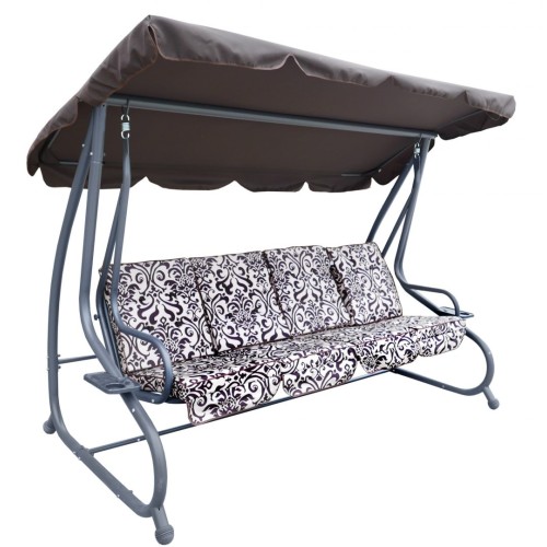 Veľká Záhradná hojdačka 4-os. Hnedá + Textil + Strecha + Nastaviteľné sedadlo + 4 Vankúše