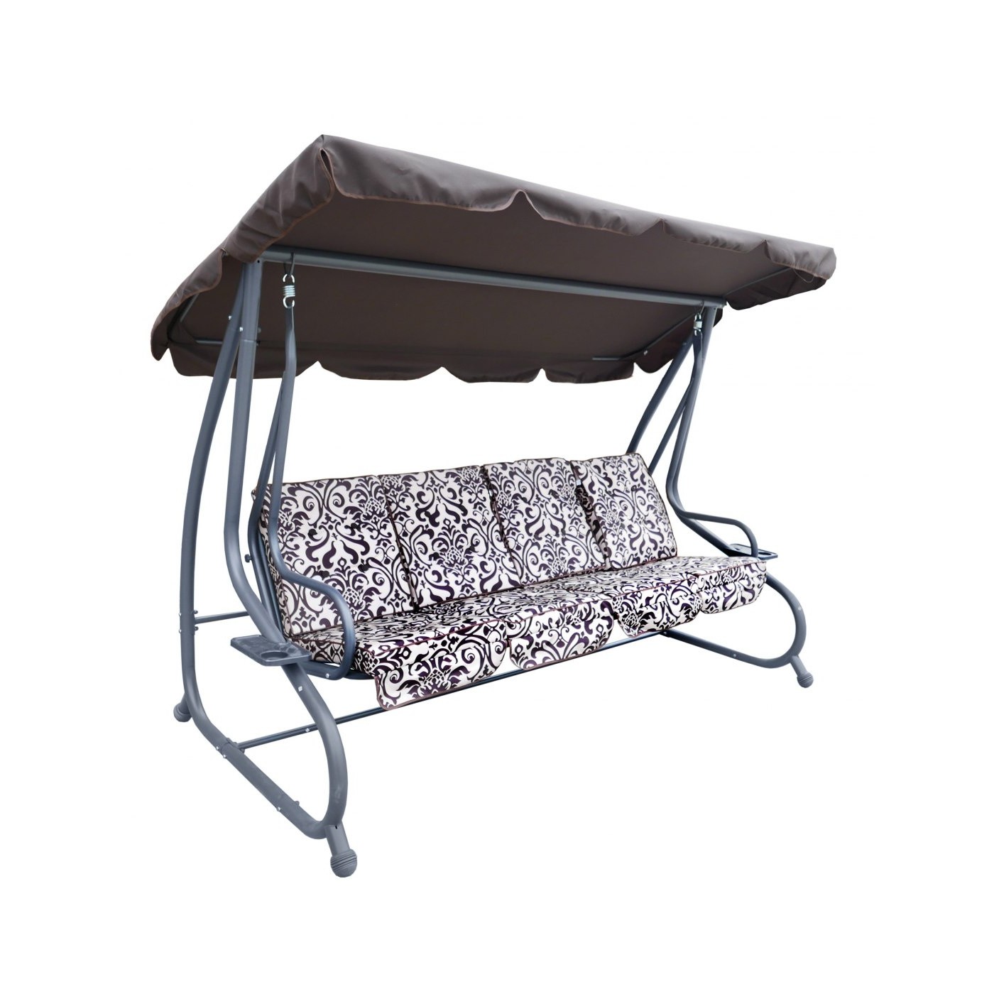 Veľká Záhradná hojdačka 4-os. Hnedá + Textil + Strecha + Nastaviteľné sedadlo + 4 Vankúše