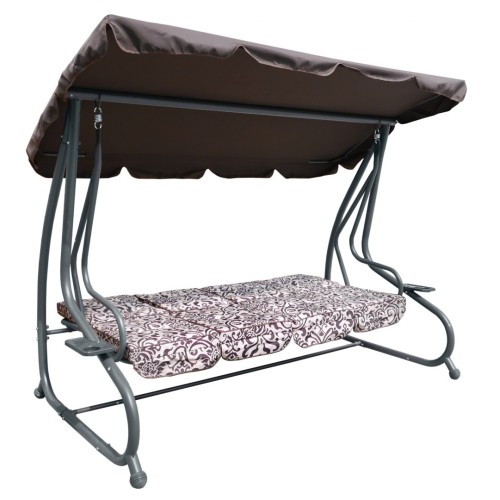 Veľká Záhradná hojdačka 4-os. Hnedá + Textil + Strecha + Nastaviteľné sedadlo + 4 Vankúše