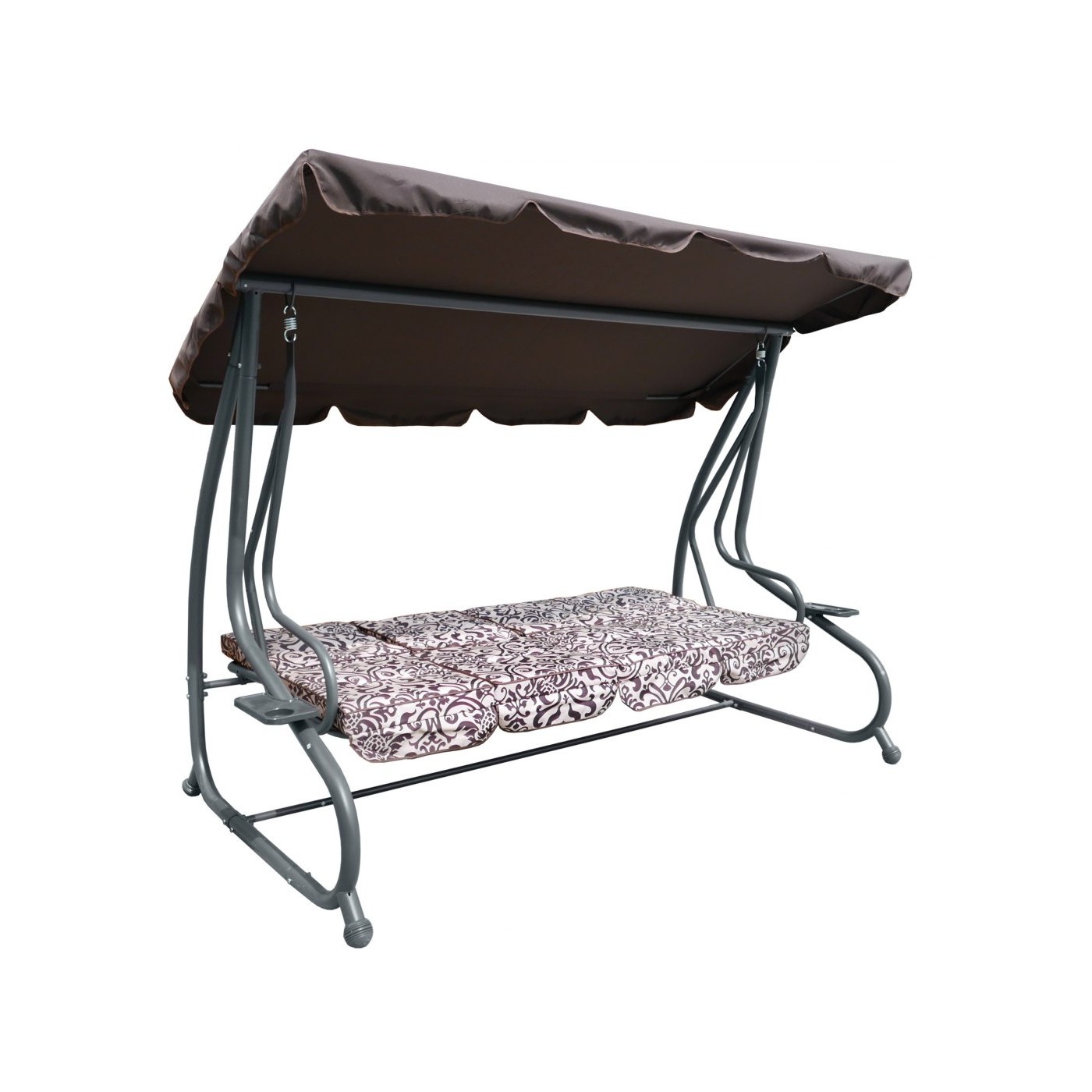 Veľká Záhradná hojdačka 4-os. Hnedá + Textil + Strecha + Nastaviteľné sedadlo + 4 Vankúše