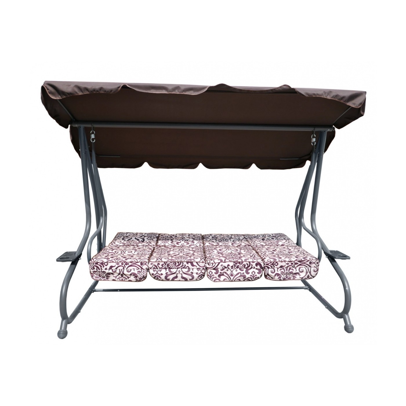 Veľká Záhradná hojdačka 4-os. Hnedá + Textil + Strecha + Nastaviteľné sedadlo + 4 Vankúše