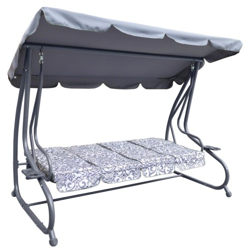 Veľká Záhradná hojdačka 4-os.Sivá + Textil + Strecha + Nastaviteľné sedadlo + 4 Vankúše