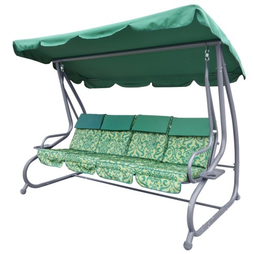 Veľká Záhradná hojdačka 4-os. Zelená + Textil + Strecha + Nastaviteľné sedadlo + 4 Vankúše