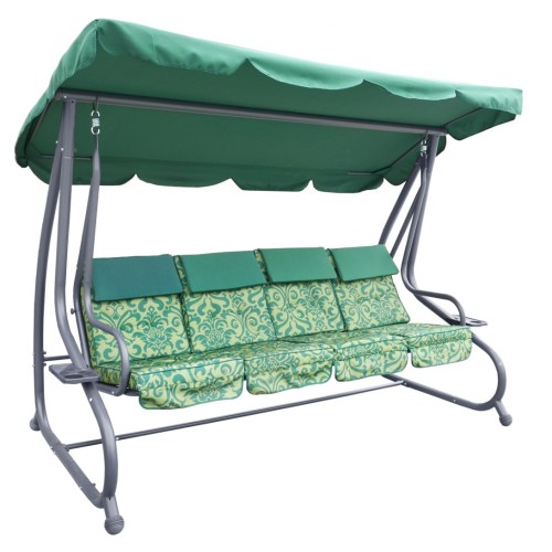 Veľká Záhradná hojdačka 4-os. Zelená + Textil + Strecha + Nastaviteľné sedadlo + 4 Vankúše