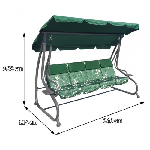 Veľká Záhradná hojdačka 4-os. Zelené Motýle + Textil + Strecha + Nastaviteľné sedadlo + 4 Vankúše